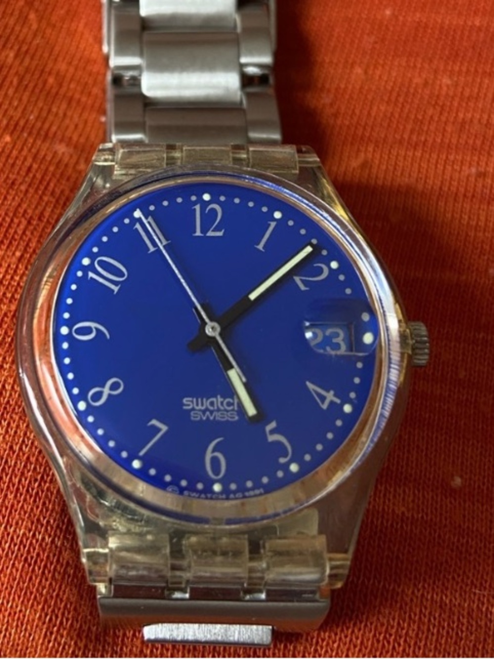 Swatch Silver Stainless Steel Bracelet Watch with Yellow Accent
